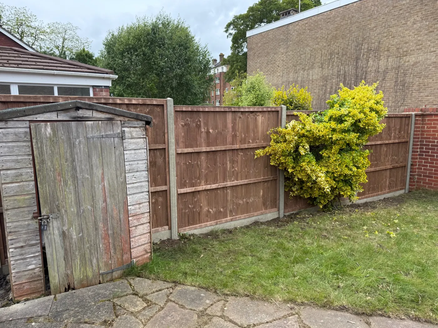 Replacement closeboard panels and concrete posts on a boundary