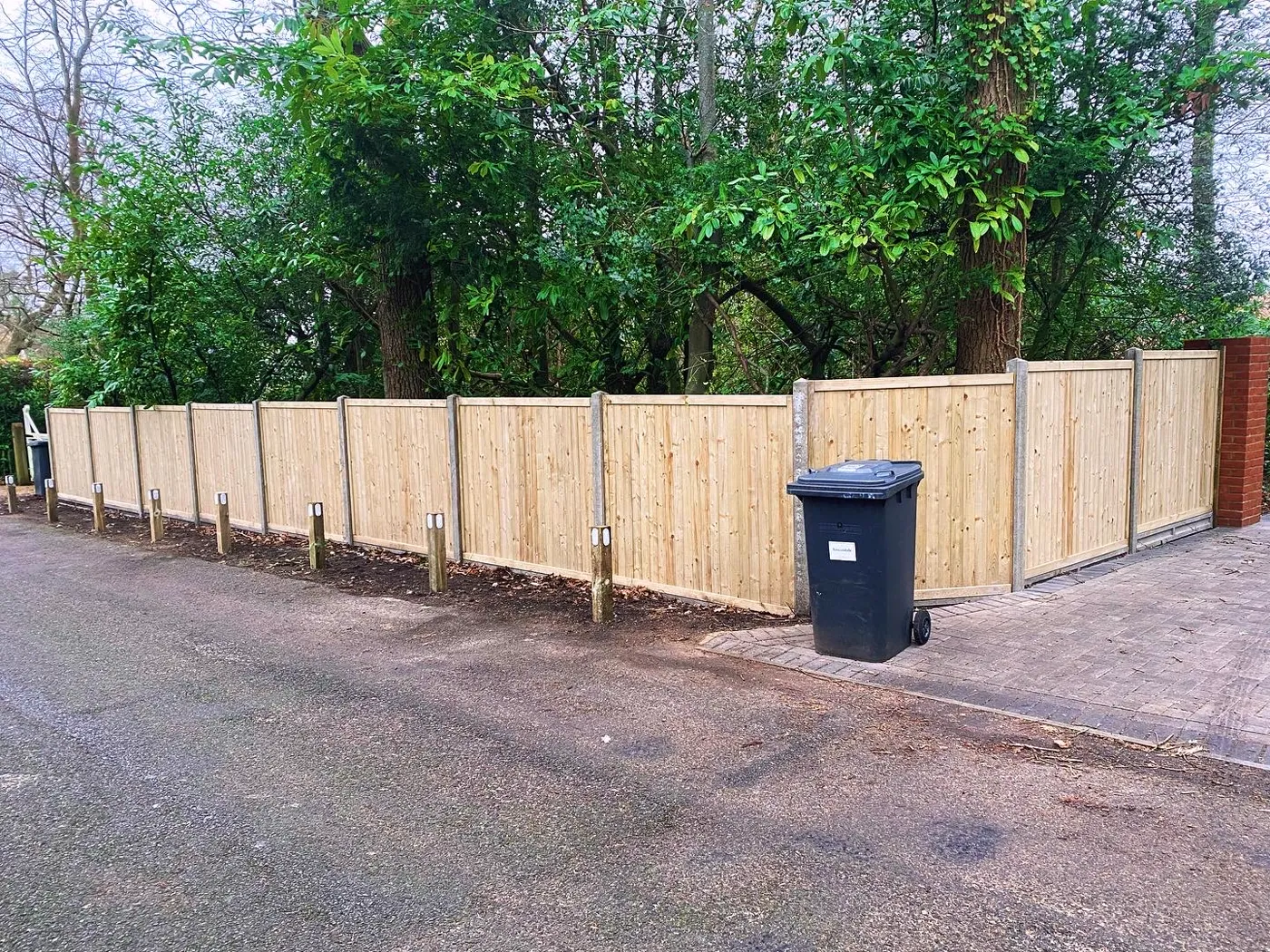 Long run of new garden fence panels along a driveway boundary in Surrey