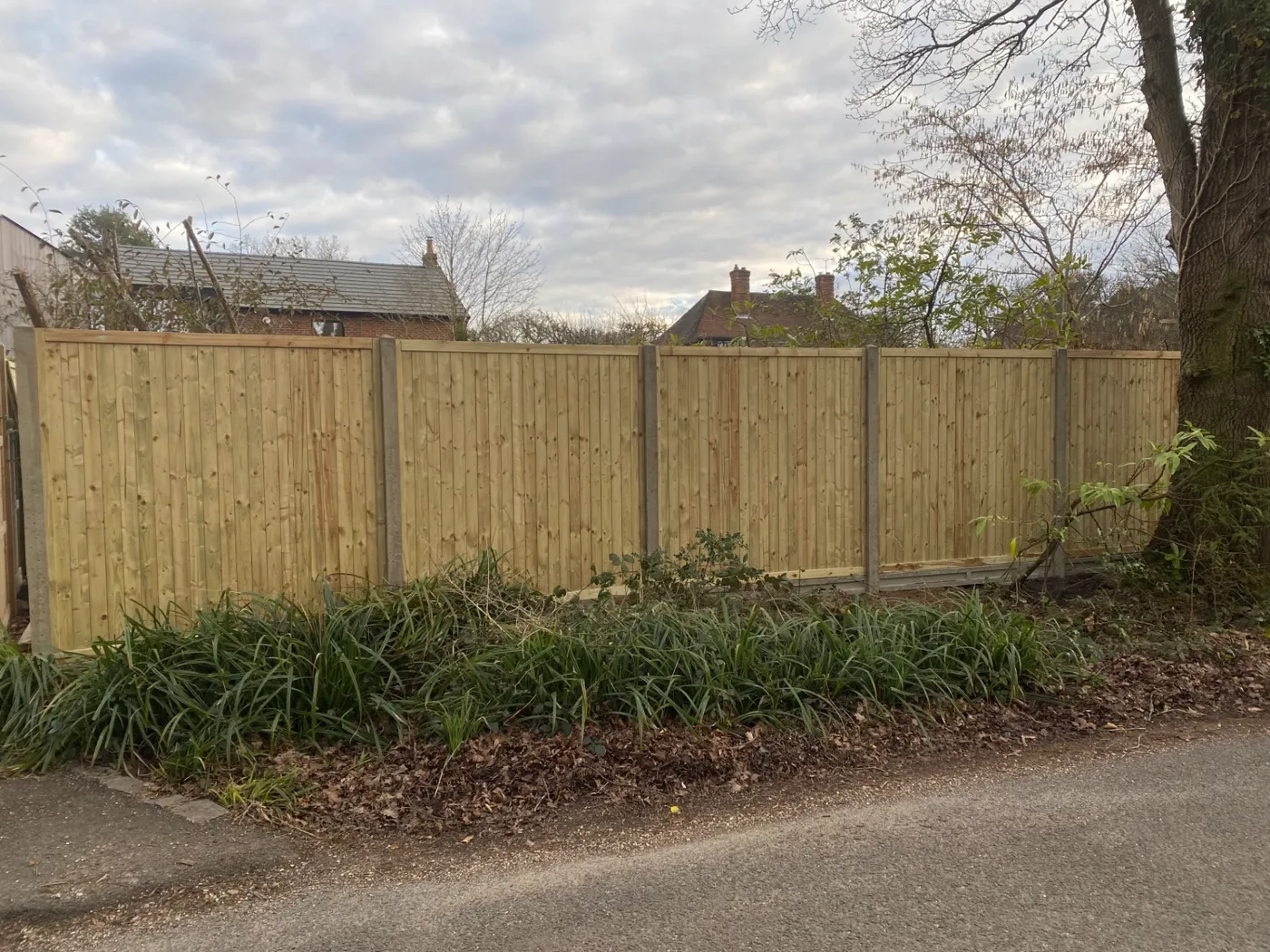 Feather edge garden fence panels facing a village lane near Guildford
